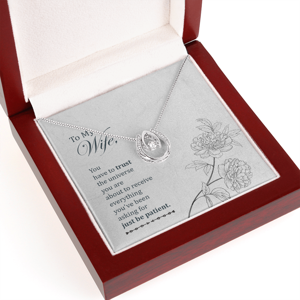 To My Wife Trust the Universe Lucky Horseshoe Necklace Message Card 14k w CZ Crystals-Express Your Love Gifts