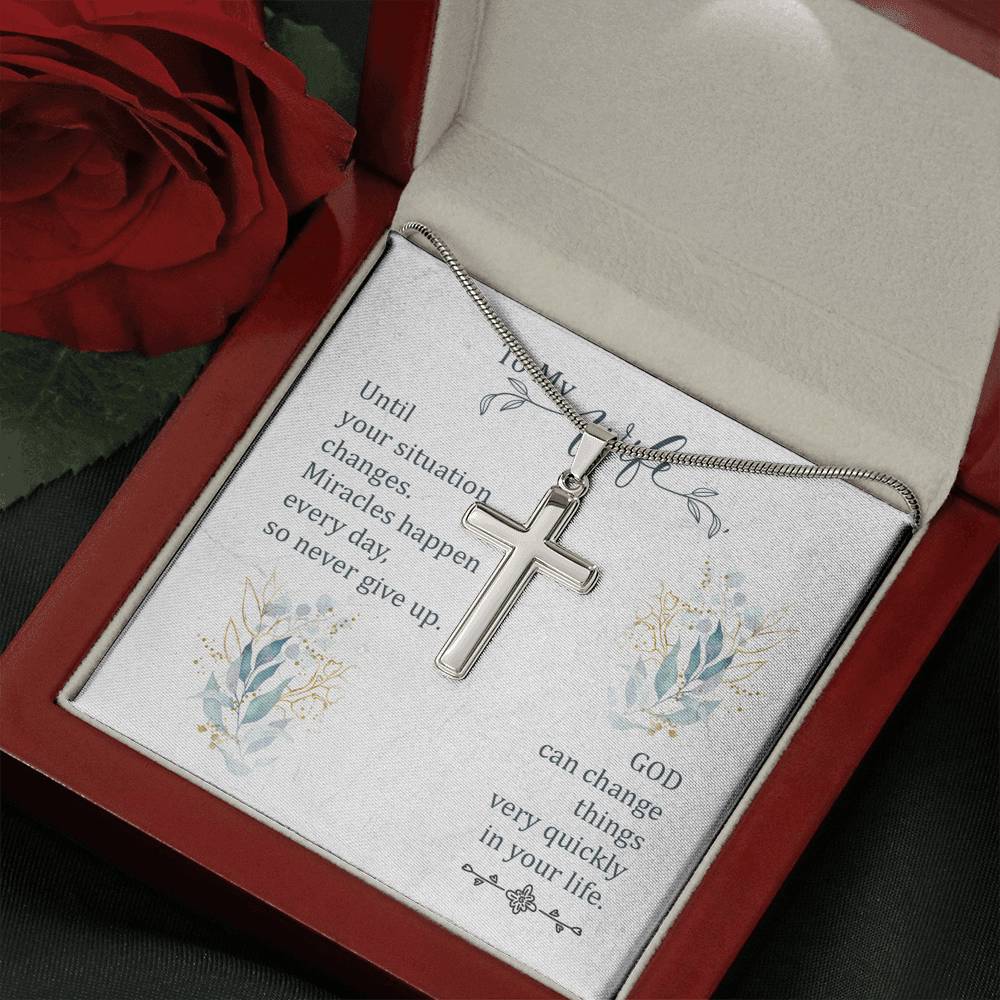 To My Wife Until Your Situation Change Cross Card Necklace w Stainless Steel Pendant-Express Your Love Gifts