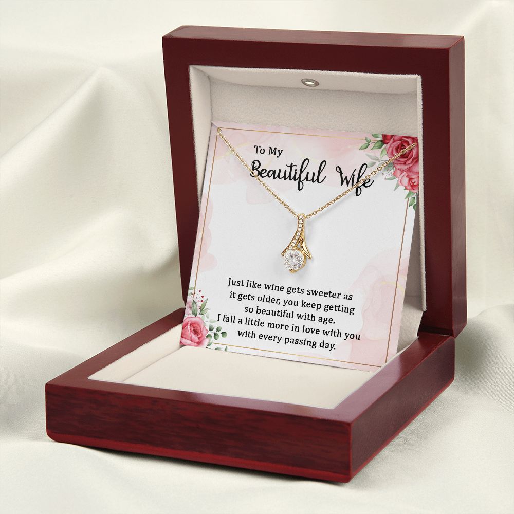 To My Wife Wine Gets Sweeter Alluring Ribbon Necklace Message Card-Express Your Love Gifts