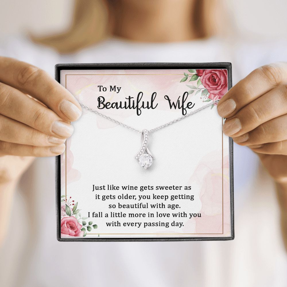 To My Wife Wine Gets Sweeter Alluring Ribbon Necklace Message Card-Express Your Love Gifts