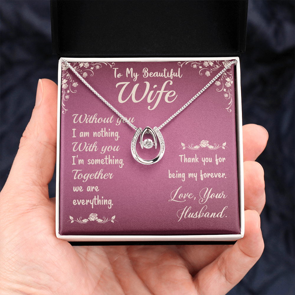 To My Wife Without You Lucky Horseshoe Necklace Message Card 14k w CZ Crystals-Express Your Love Gifts