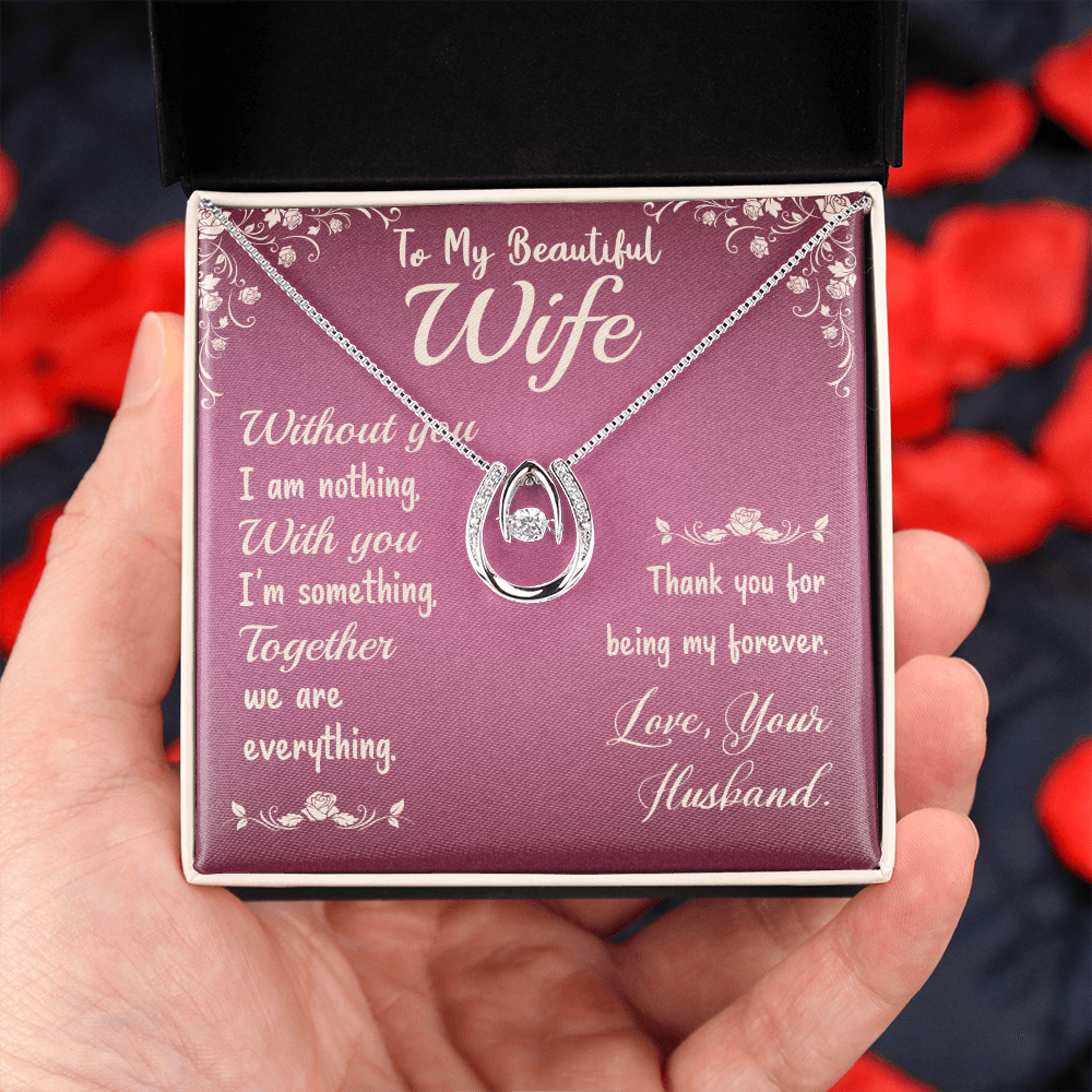 To My Wife Without You Lucky Horseshoe Necklace Message Card 14k w CZ Crystals-Express Your Love Gifts