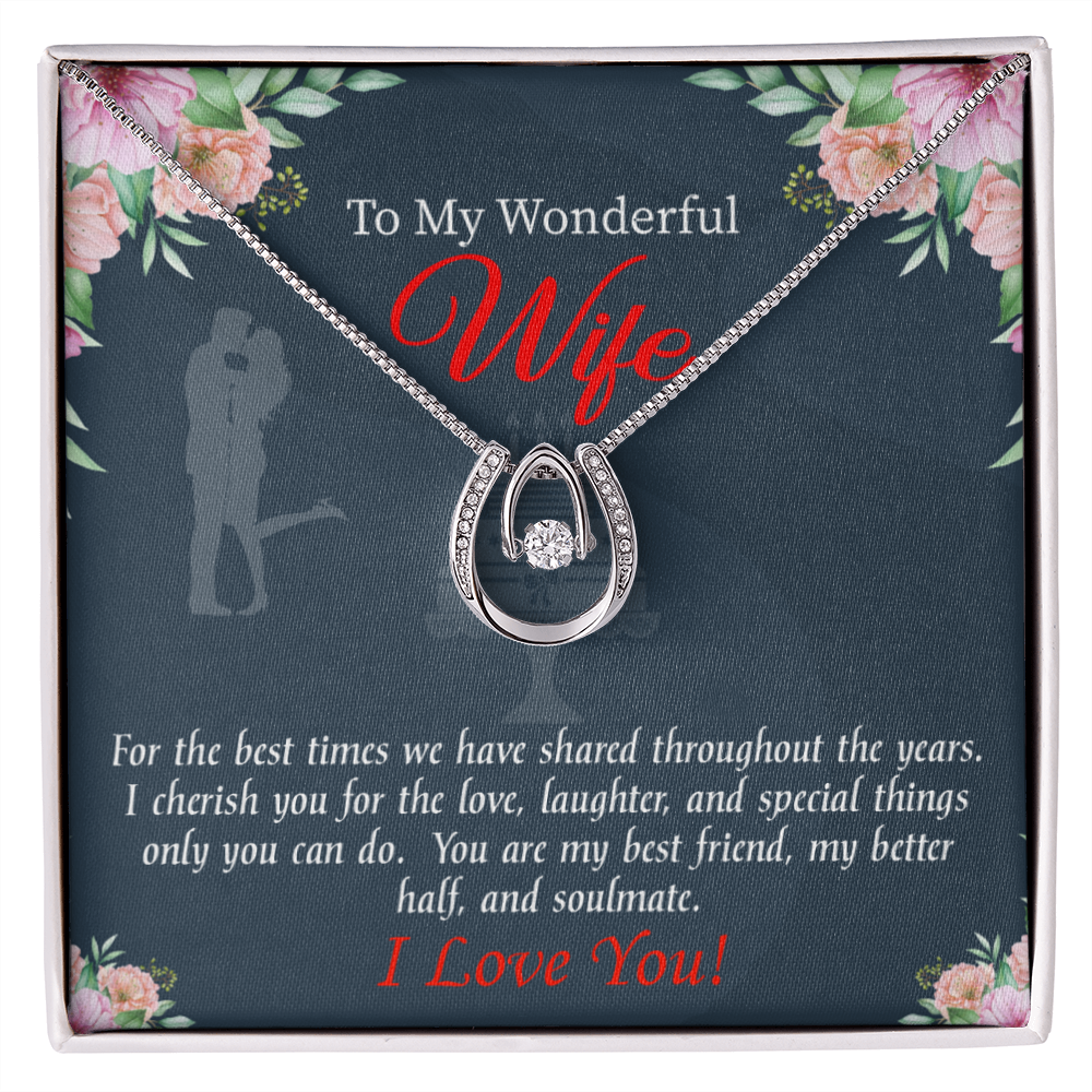 To My Wife You Are Cherished Lucky Horseshoe Necklace Message Card 14k w CZ Crystals-Express Your Love Gifts