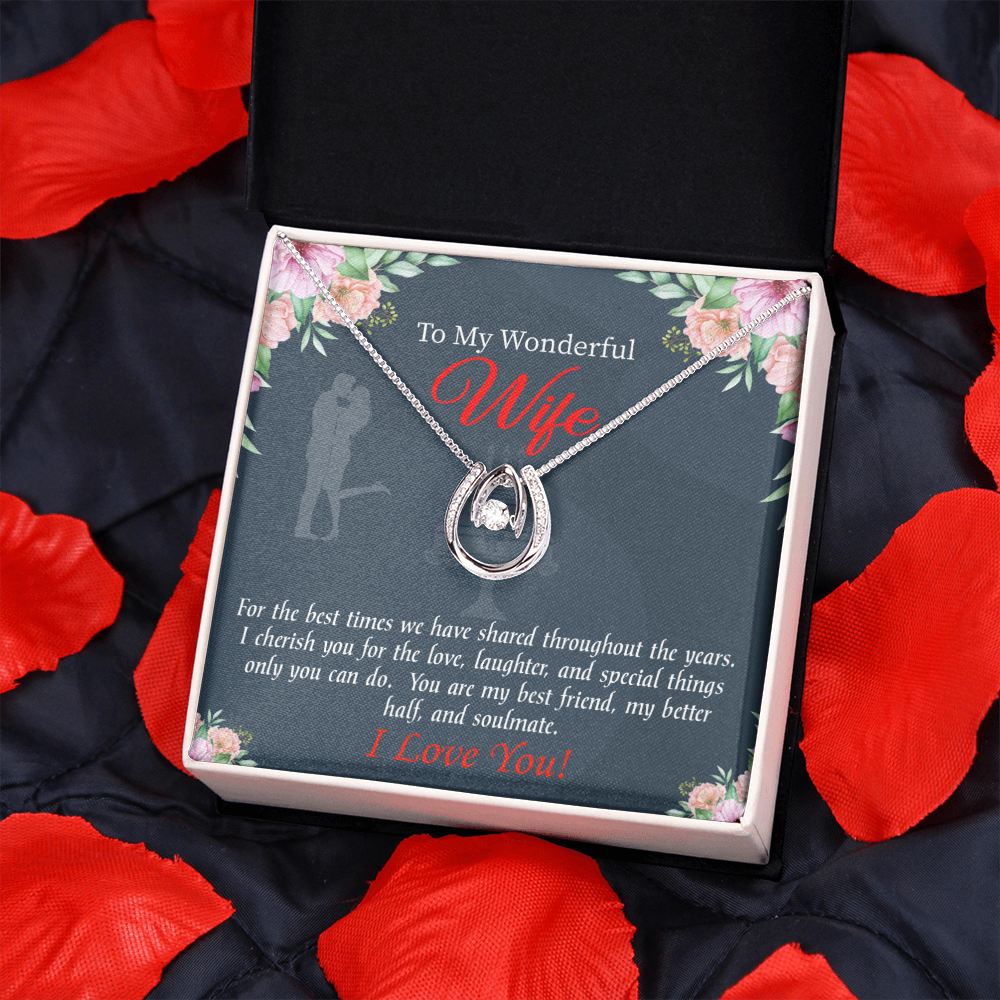 To My Wife You Are Cherished Lucky Horseshoe Necklace Message Card 14k w CZ Crystals-Express Your Love Gifts