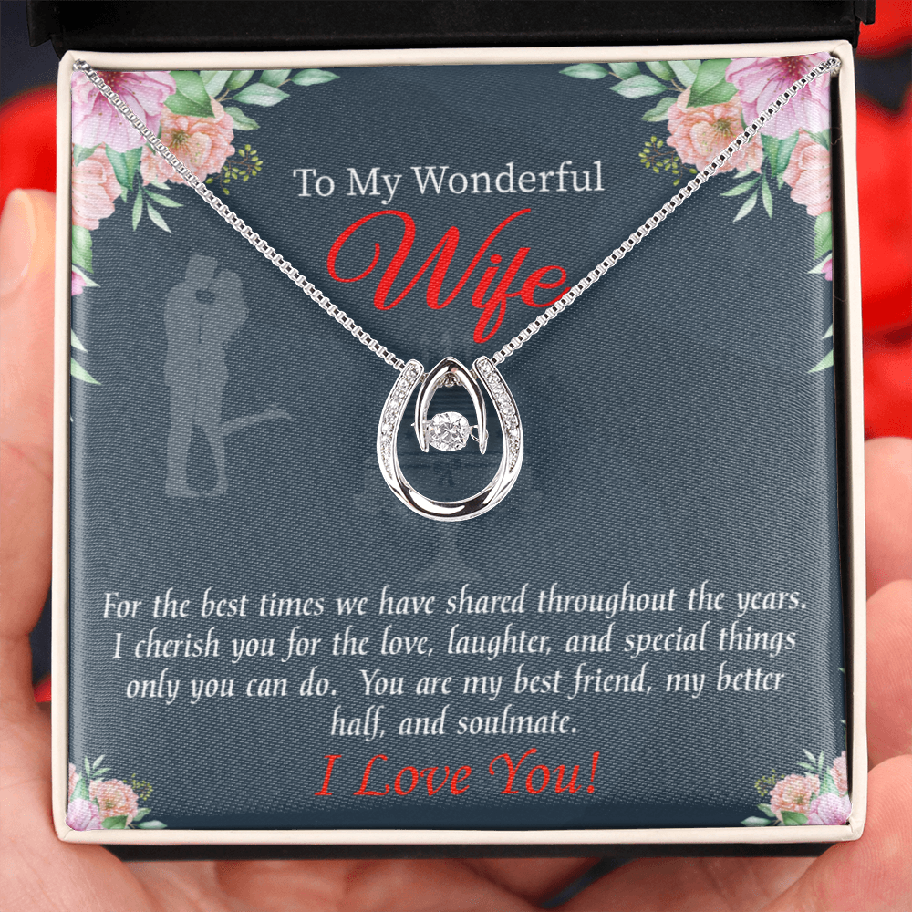 To My Wife You Are Cherished Lucky Horseshoe Necklace Message Card 14k w CZ Crystals-Express Your Love Gifts