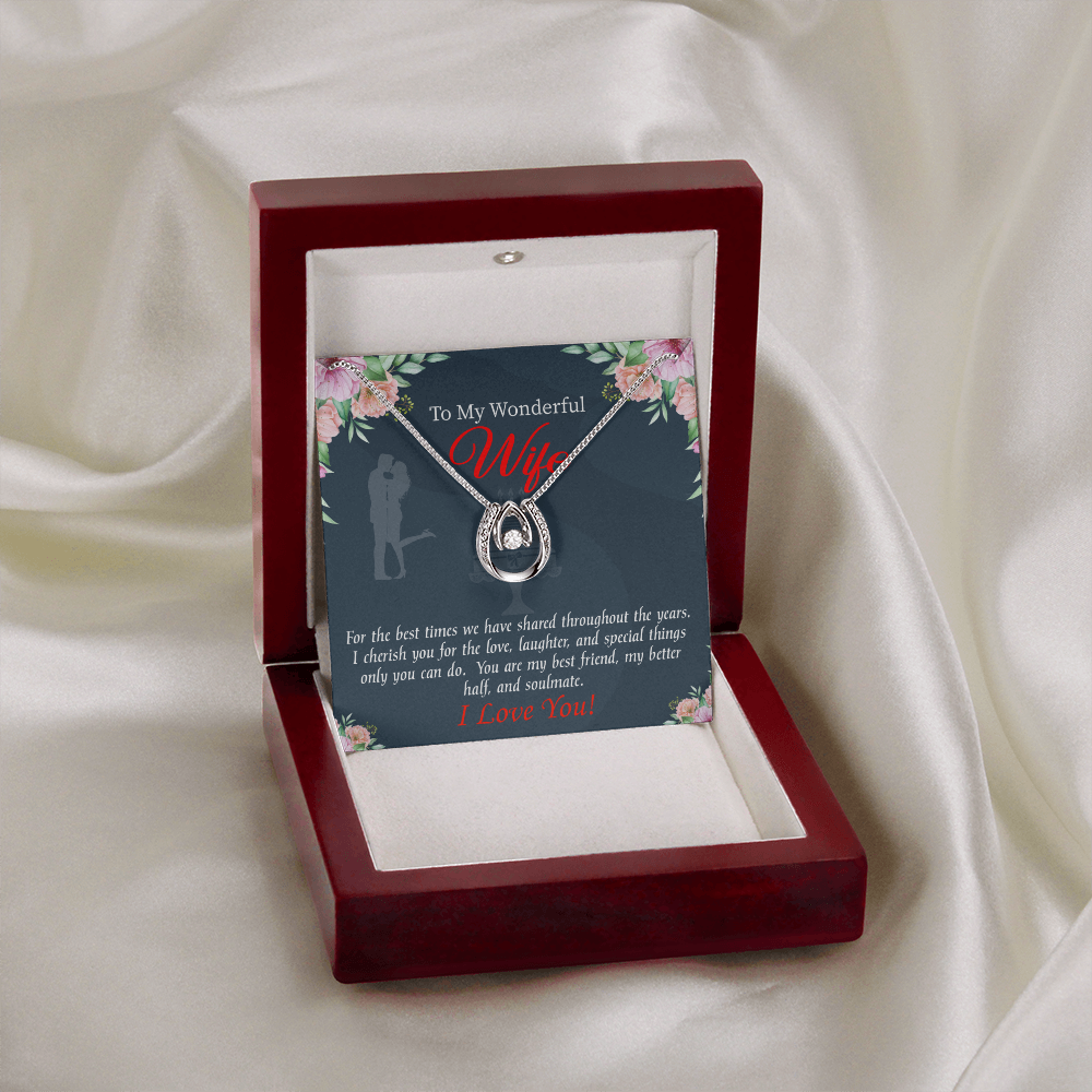 To My Wife You Are Cherished Lucky Horseshoe Necklace Message Card 14k w CZ Crystals-Express Your Love Gifts