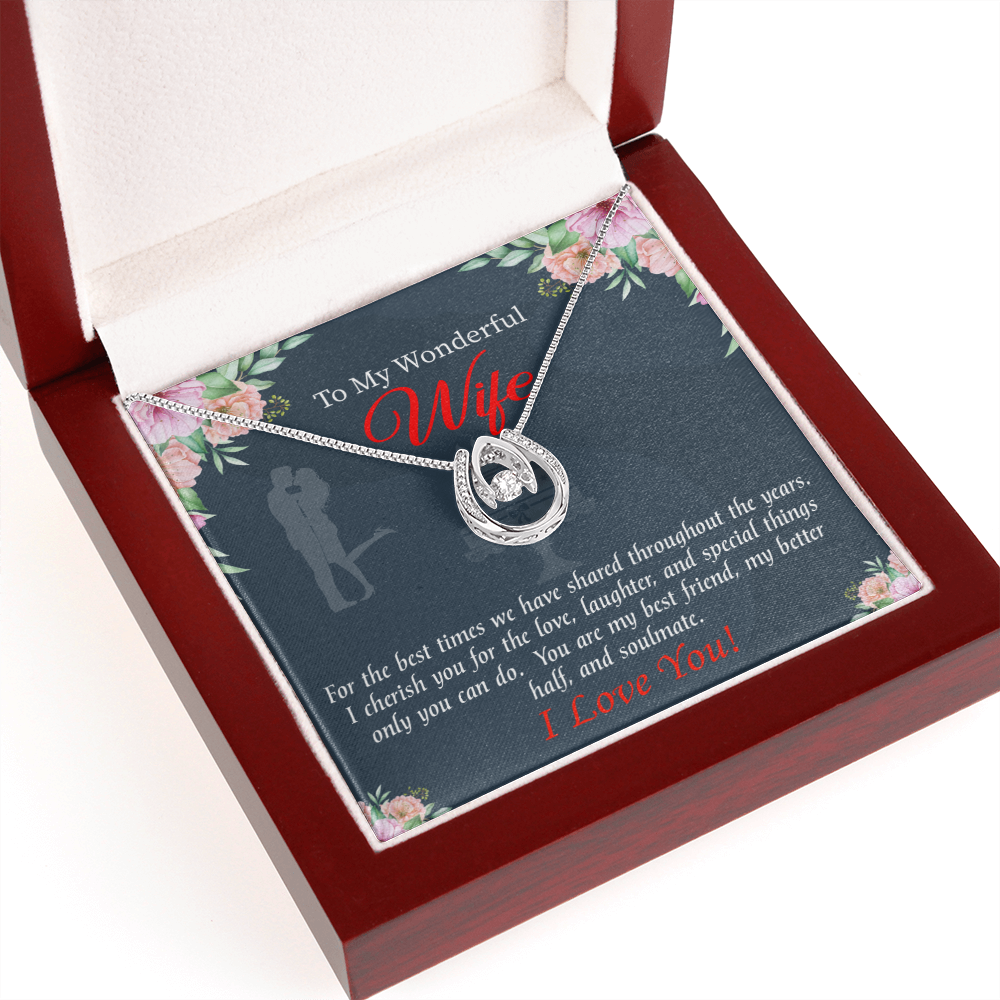 To My Wife You Are Cherished Lucky Horseshoe Necklace Message Card 14k w CZ Crystals-Express Your Love Gifts