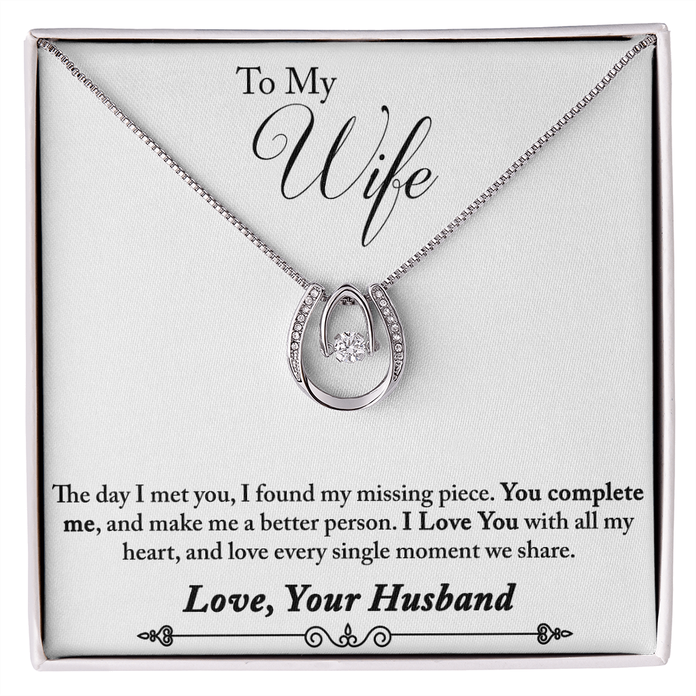 To My Wife You Complete Me Lucky Horseshoe Necklace Message Card 14k w CZ Crystals-Express Your Love Gifts