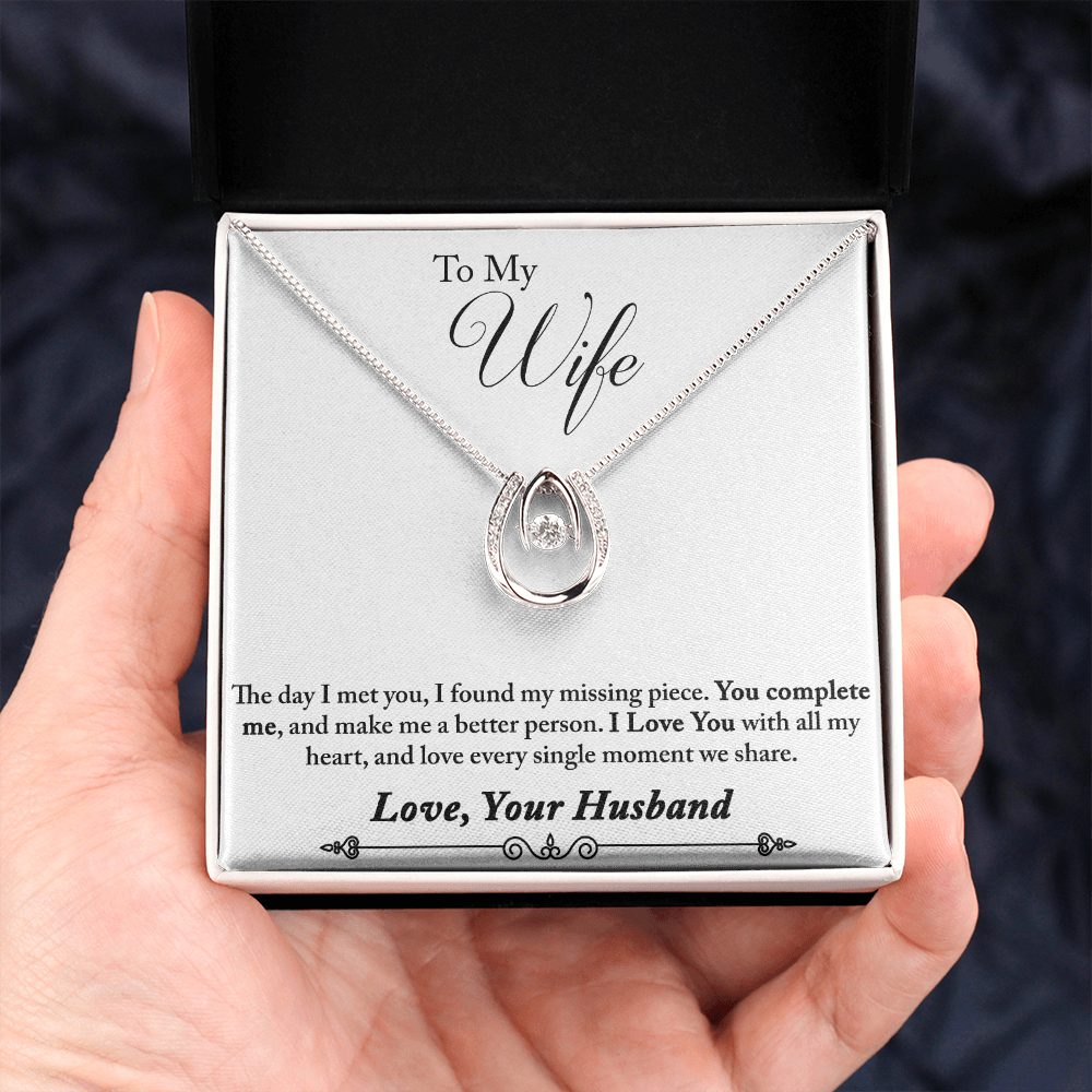 To My Wife You Complete Me Lucky Horseshoe Necklace Message Card 14k w CZ Crystals-Express Your Love Gifts