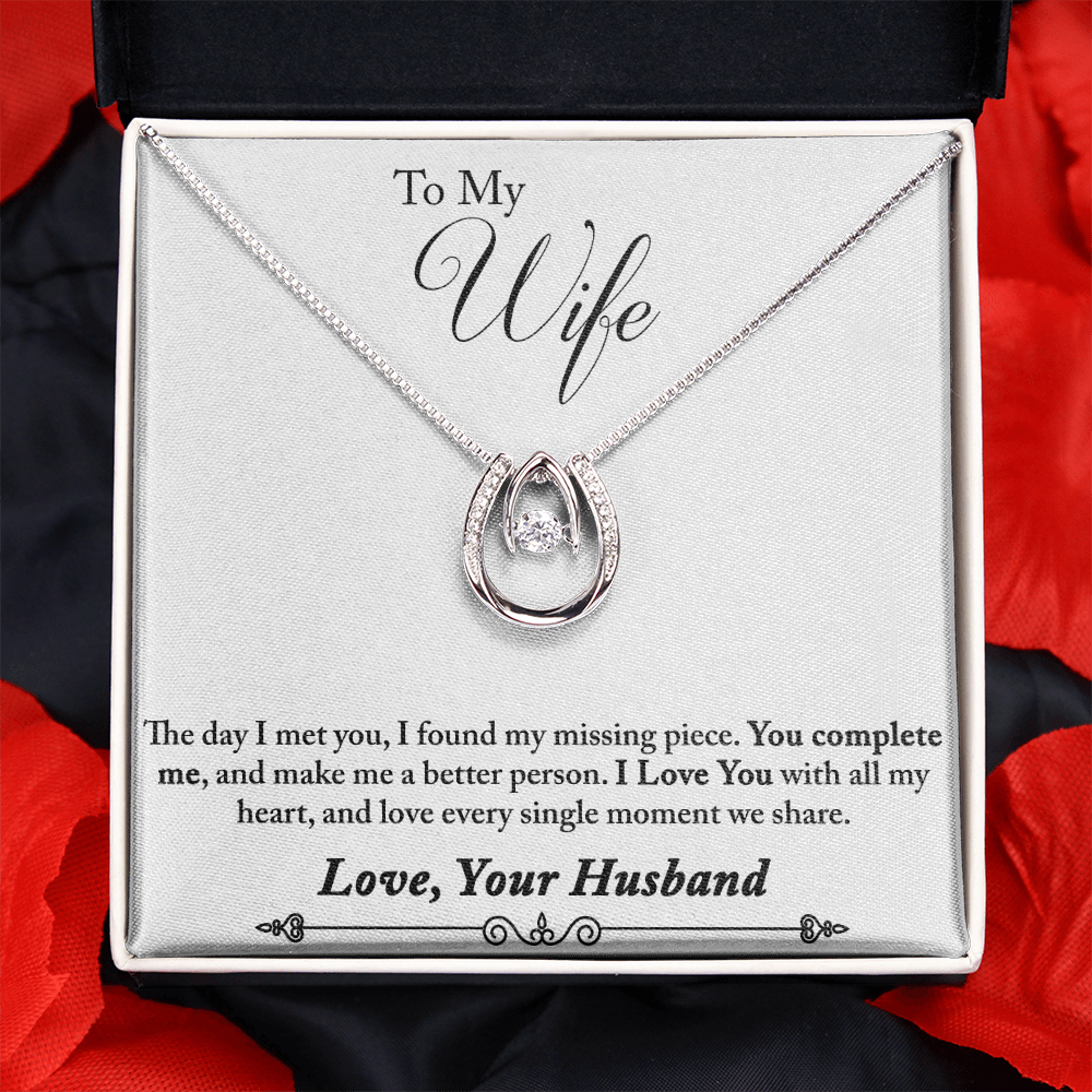 To My Wife You Complete Me Lucky Horseshoe Necklace Message Card 14k w CZ Crystals-Express Your Love Gifts