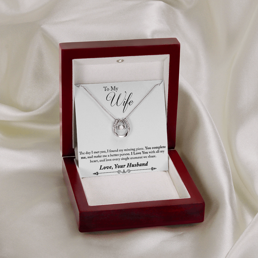 To My Wife You Complete Me Lucky Horseshoe Necklace Message Card 14k w CZ Crystals-Express Your Love Gifts