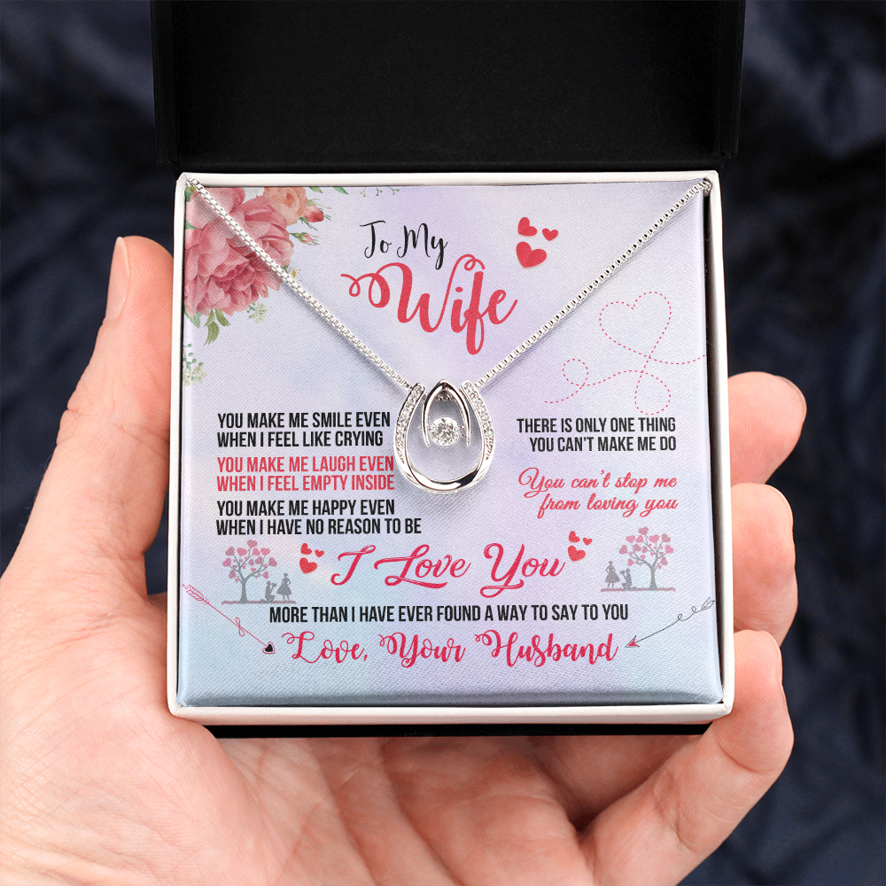 To My Wife You Make Me Smile Lucky Horseshoe Necklace Message Card 14k w CZ Crystals-Express Your Love Gifts