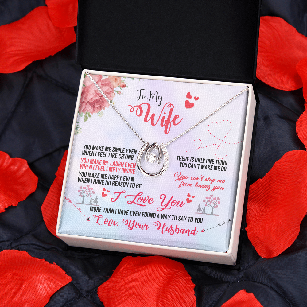 To My Wife You Make Me Smile Lucky Horseshoe Necklace Message Card 14k w CZ Crystals-Express Your Love Gifts