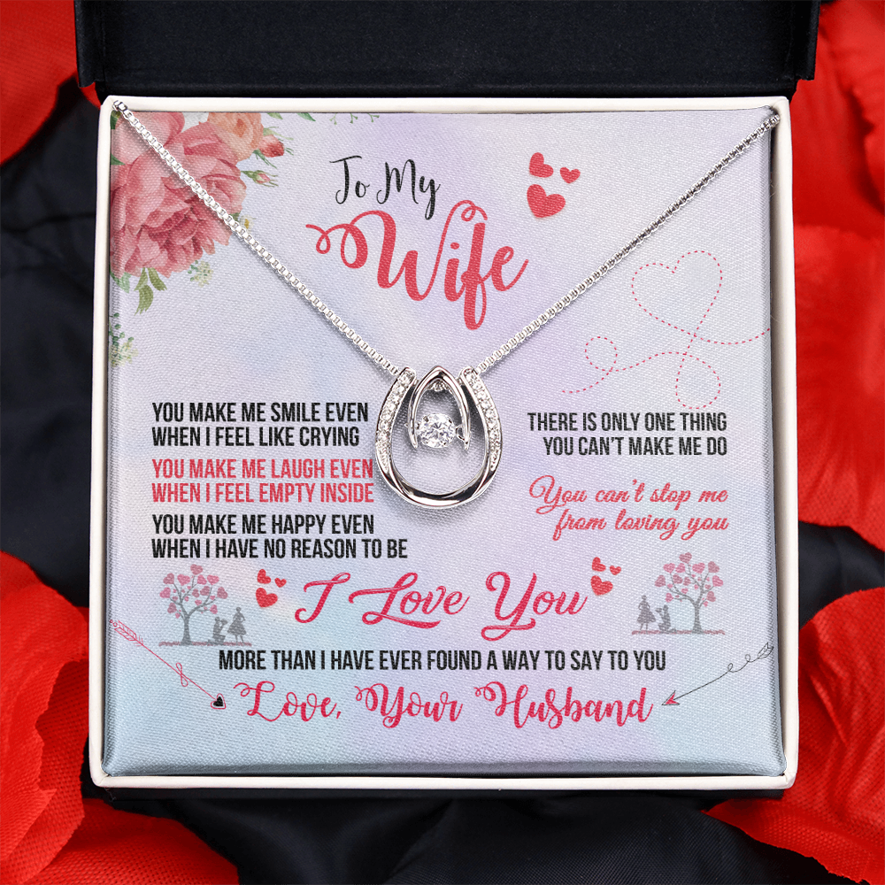 To My Wife You Make Me Smile Lucky Horseshoe Necklace Message Card 14k w CZ Crystals-Express Your Love Gifts