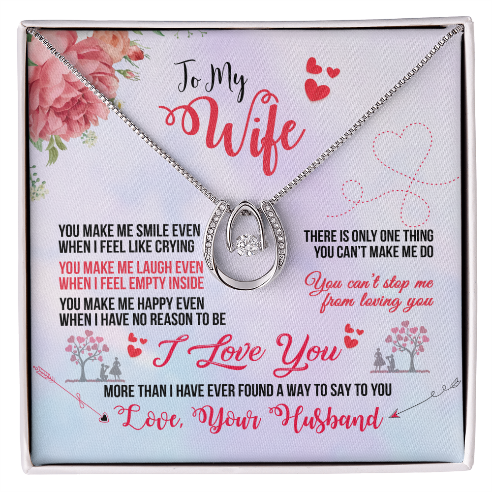 To My Wife You Make Me Smile Lucky Horseshoe Necklace Message Card 14k w CZ Crystals-Express Your Love Gifts