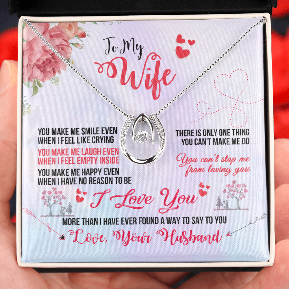 To My Wife You Make Me Smile Lucky Horseshoe Necklace Message Card 14k w CZ Crystals-Express Your Love Gifts