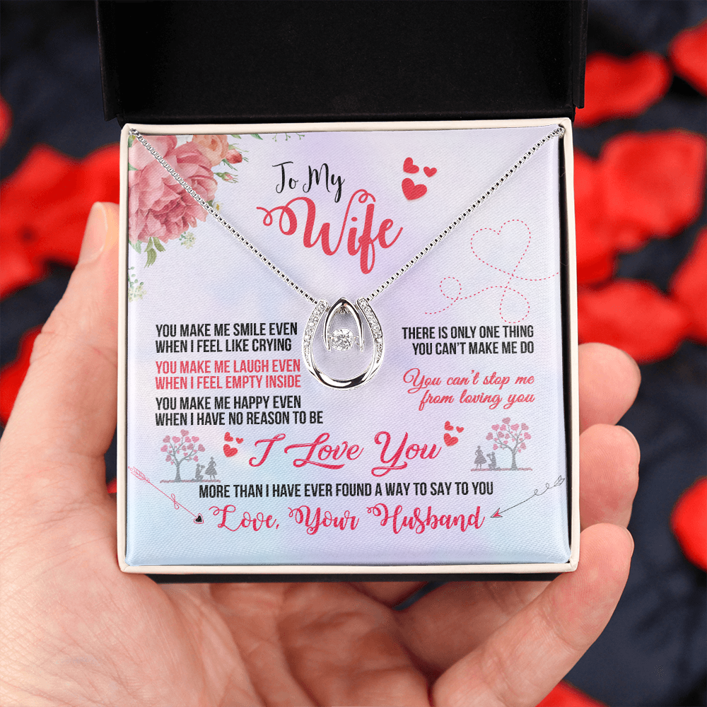 To My Wife You Make Me Smile Lucky Horseshoe Necklace Message Card 14k w CZ Crystals-Express Your Love Gifts