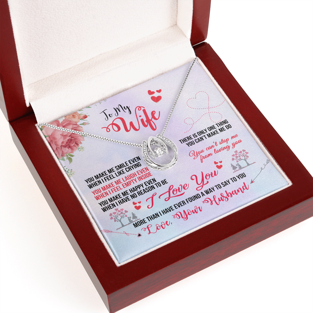 To My Wife You Make Me Smile Lucky Horseshoe Necklace Message Card 14k w CZ Crystals-Express Your Love Gifts