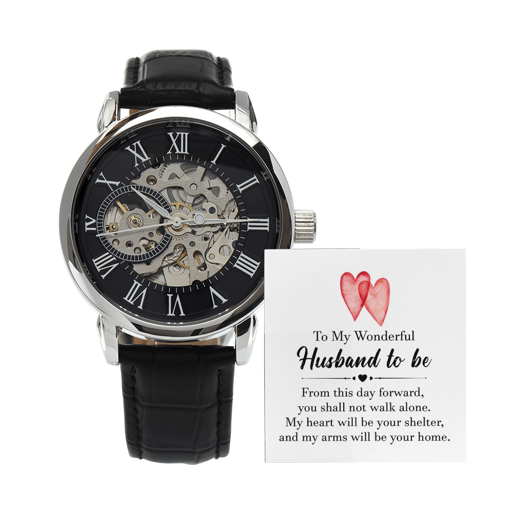 To My Wonderful Husband To Be Men&#39;s Openwork Watch With Message Card in Mahogany Box-Express Your Love Gifts