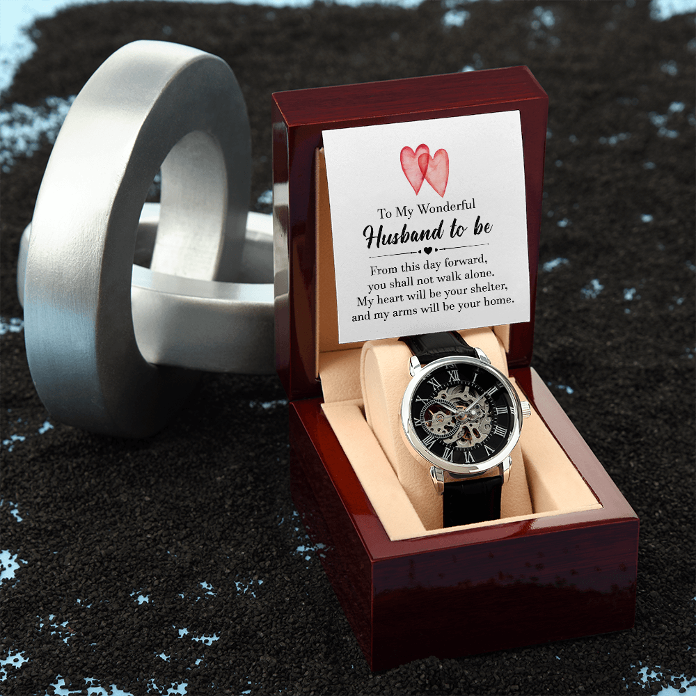 To My Wonderful Husband To Be Men's Openwork Watch With Message Card in Mahogany Box-Express Your Love Gifts