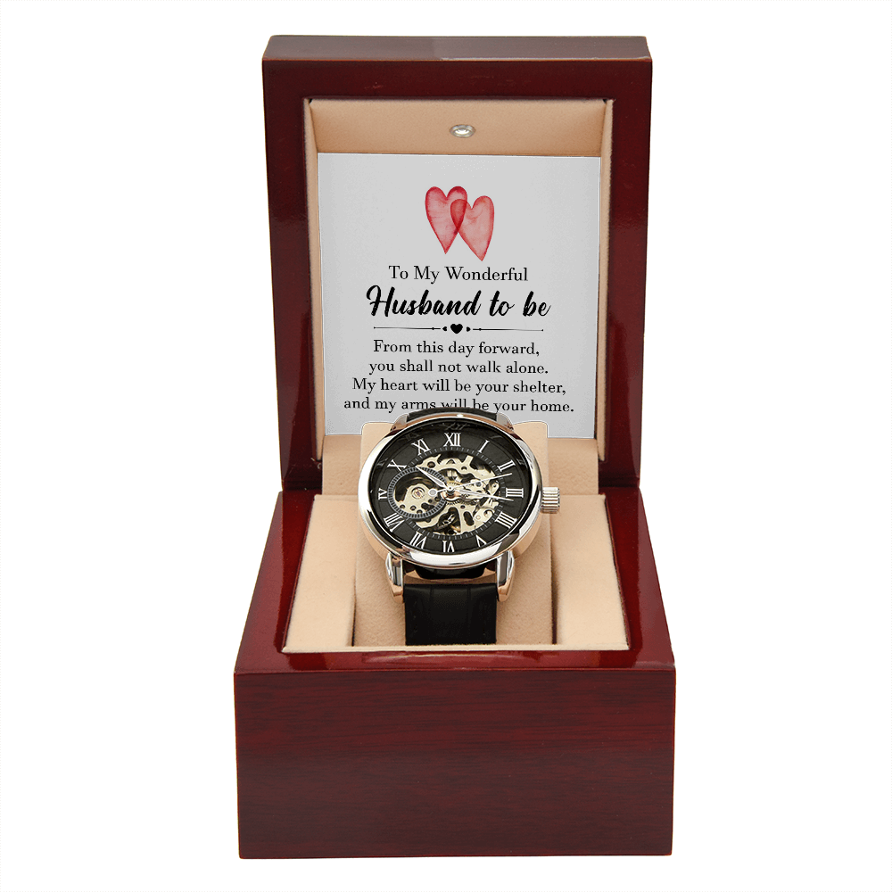 To My Wonderful Husband To Be Men's Openwork Watch With Message Card in Mahogany Box-Express Your Love Gifts