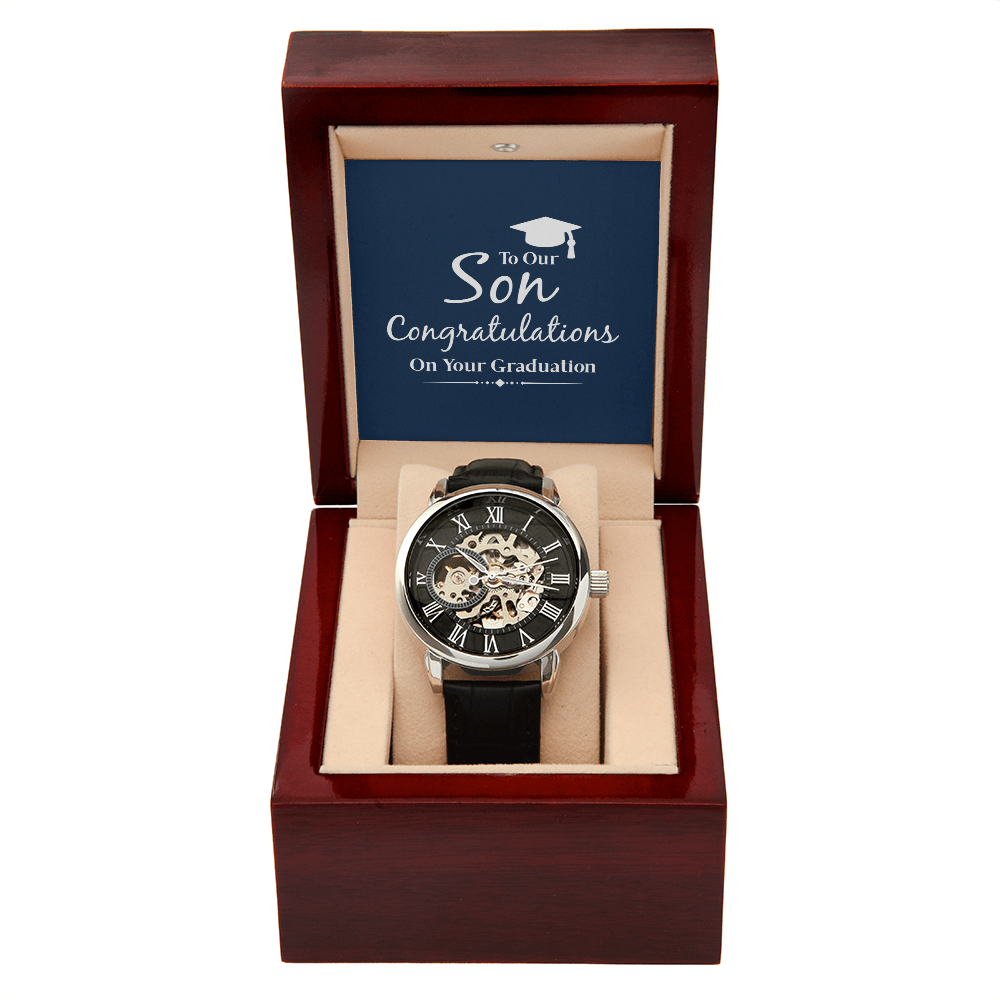 To Our Son Congratulations on Your Graduation Men's Openwork Watch With Mahogany Box-Express Your Love Gifts