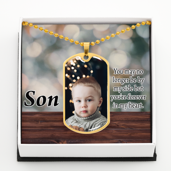 To Son Personalized Memorial Remembrance Forever In My Heart Message Necklace Dog Tag Stainless Steel or 18k Gold 24" Chain-Express Your Love Gifts