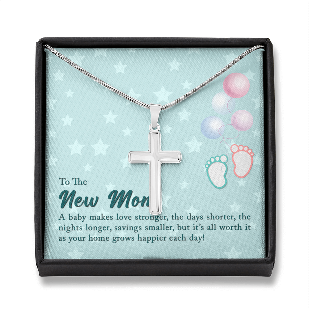 To The New Mom A Baby Makes Love Stronger Cross Card Necklace w Stainless Steel Pendant-Express Your Love Gifts