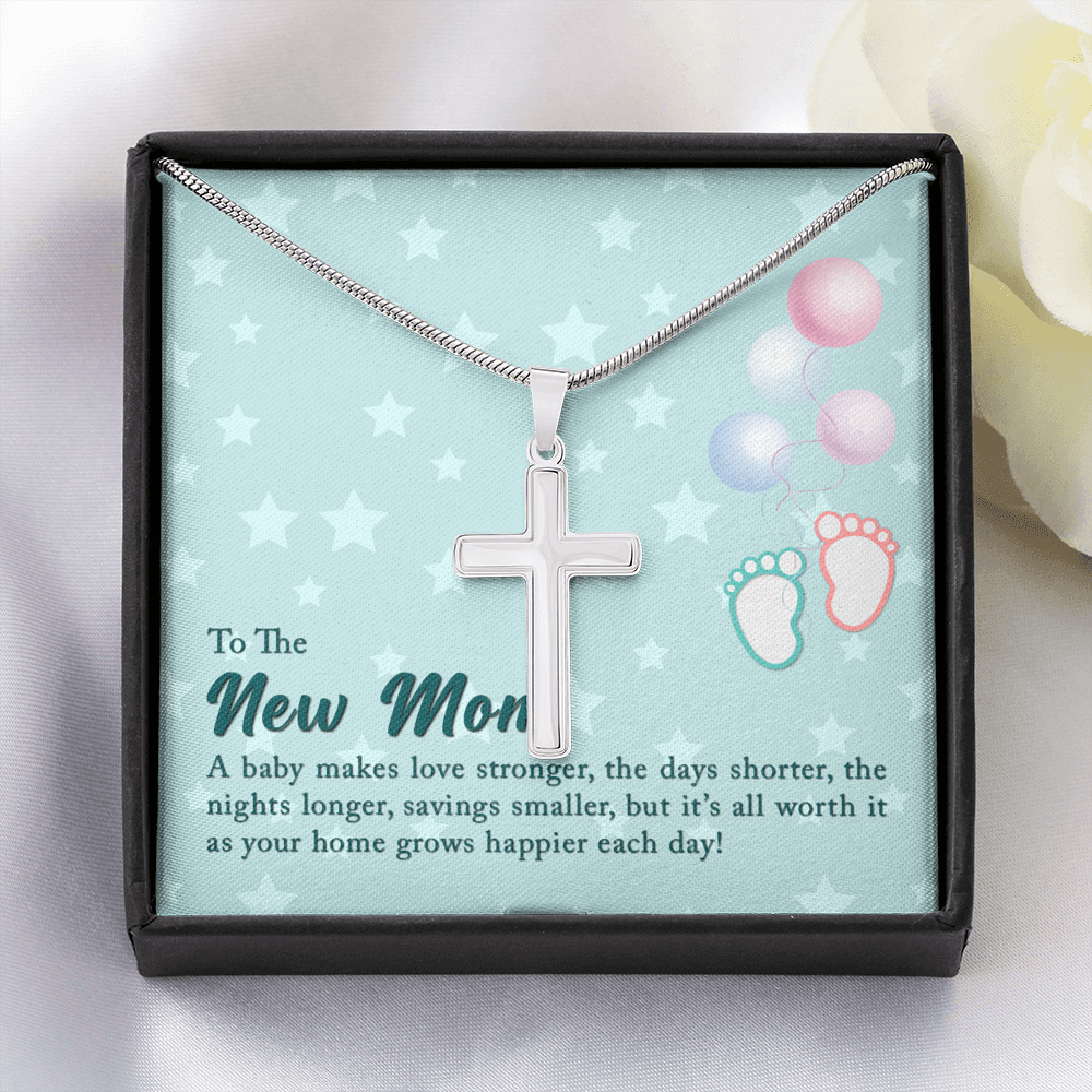 To The New Mom A Baby Makes Love Stronger Cross Card Necklace w Stainless Steel Pendant-Express Your Love Gifts