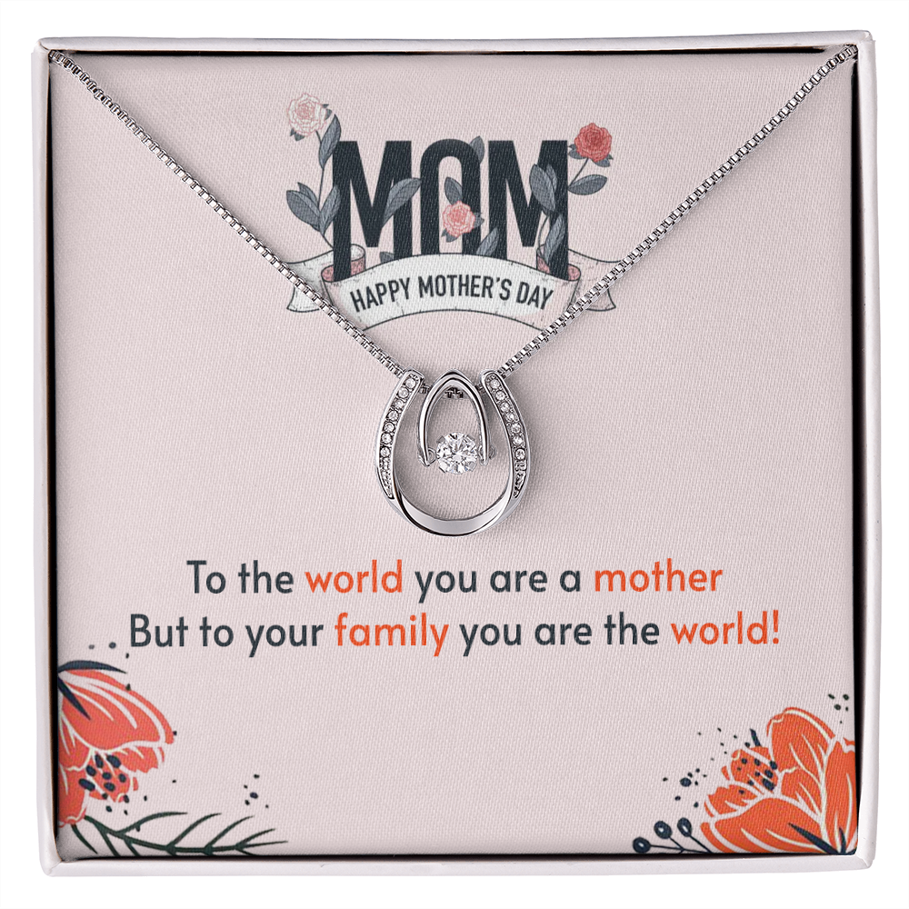 To the World You Are a Mother Lucky Horseshoe Necklace Message Card 14k w CZ Crystals-Express Your Love Gifts