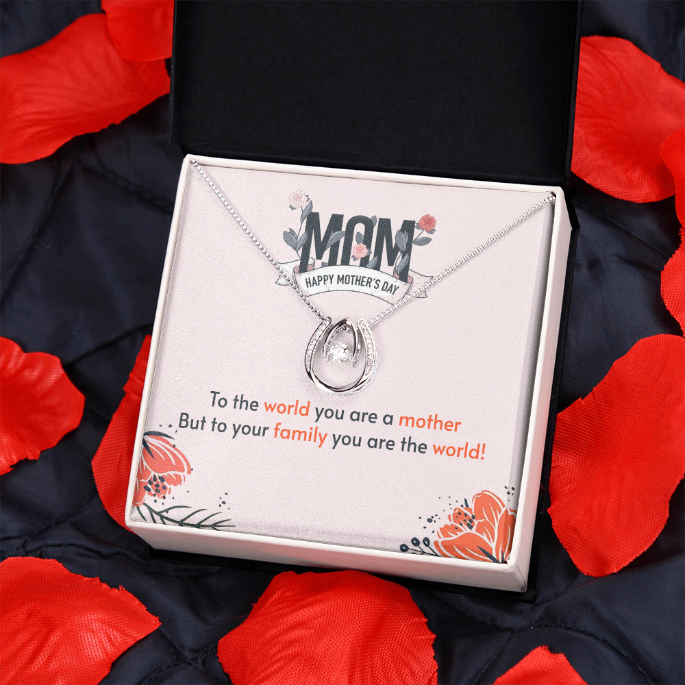 To the World You Are a Mother Lucky Horseshoe Necklace Message Card 14k w CZ Crystals-Express Your Love Gifts