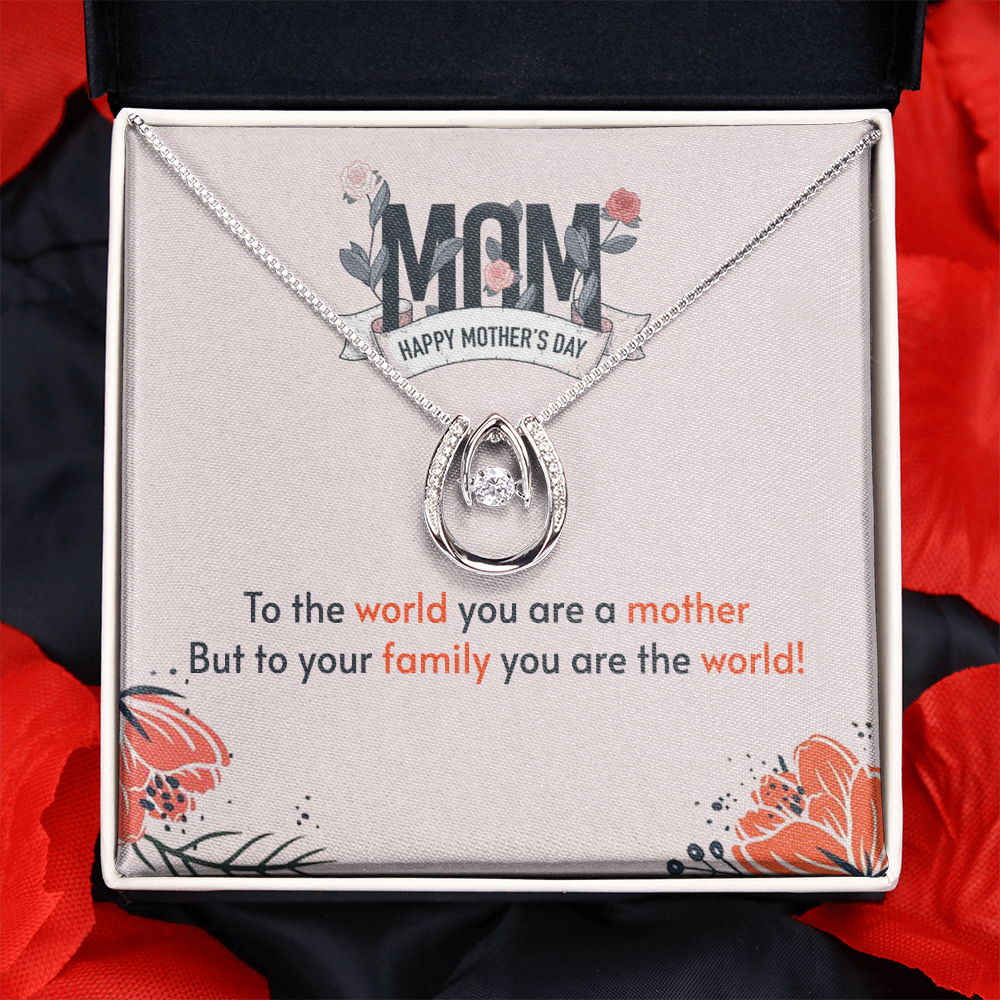 To the World You Are a Mother Lucky Horseshoe Necklace Message Card 14k w CZ Crystals-Express Your Love Gifts