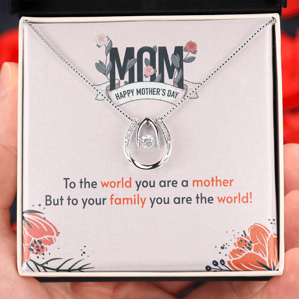 To the World You Are a Mother Lucky Horseshoe Necklace Message Card 14k w CZ Crystals-Express Your Love Gifts