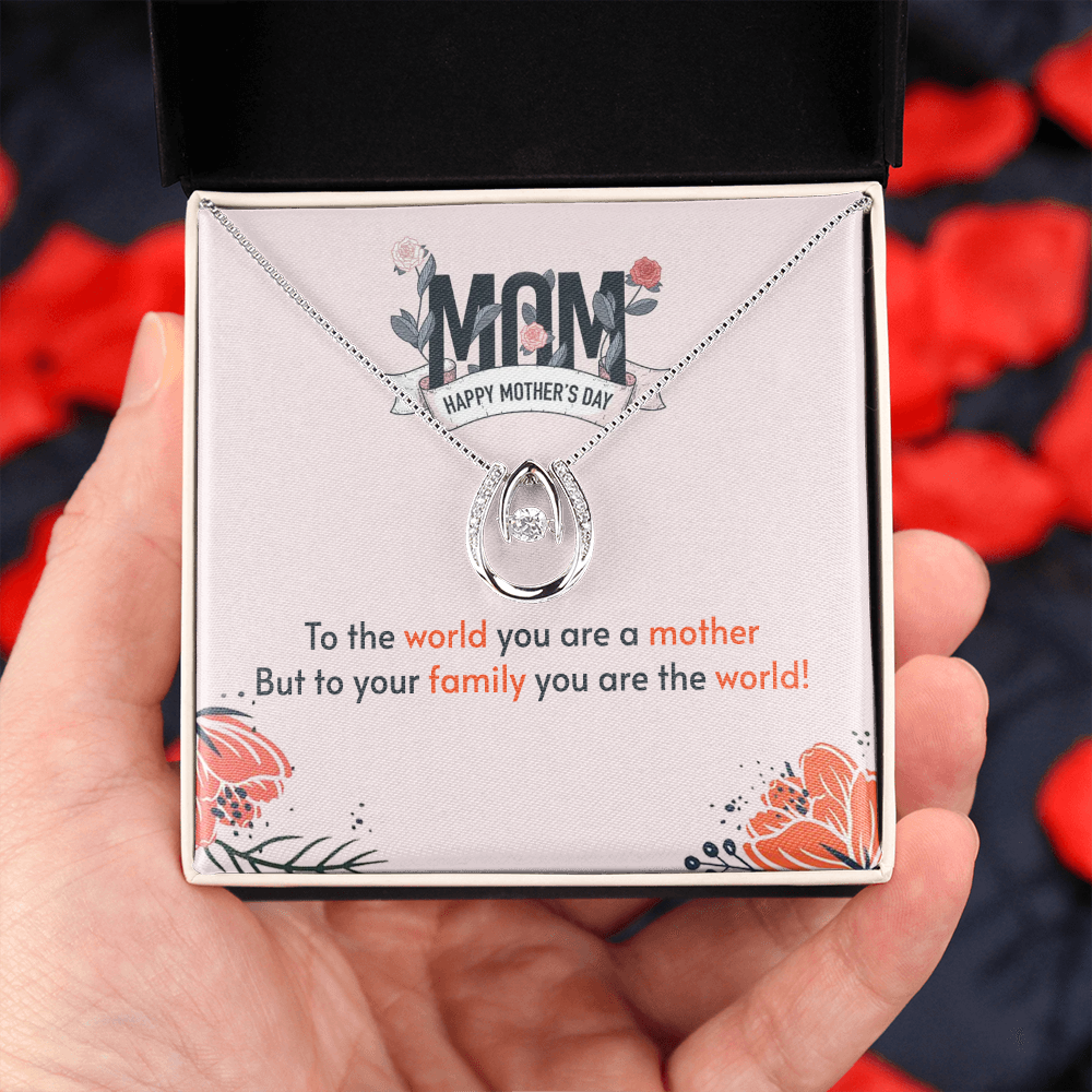 To the World You Are a Mother Lucky Horseshoe Necklace Message Card 14k w CZ Crystals-Express Your Love Gifts