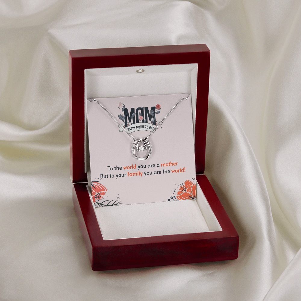 To the World You Are a Mother Lucky Horseshoe Necklace Message Card 14k w CZ Crystals-Express Your Love Gifts