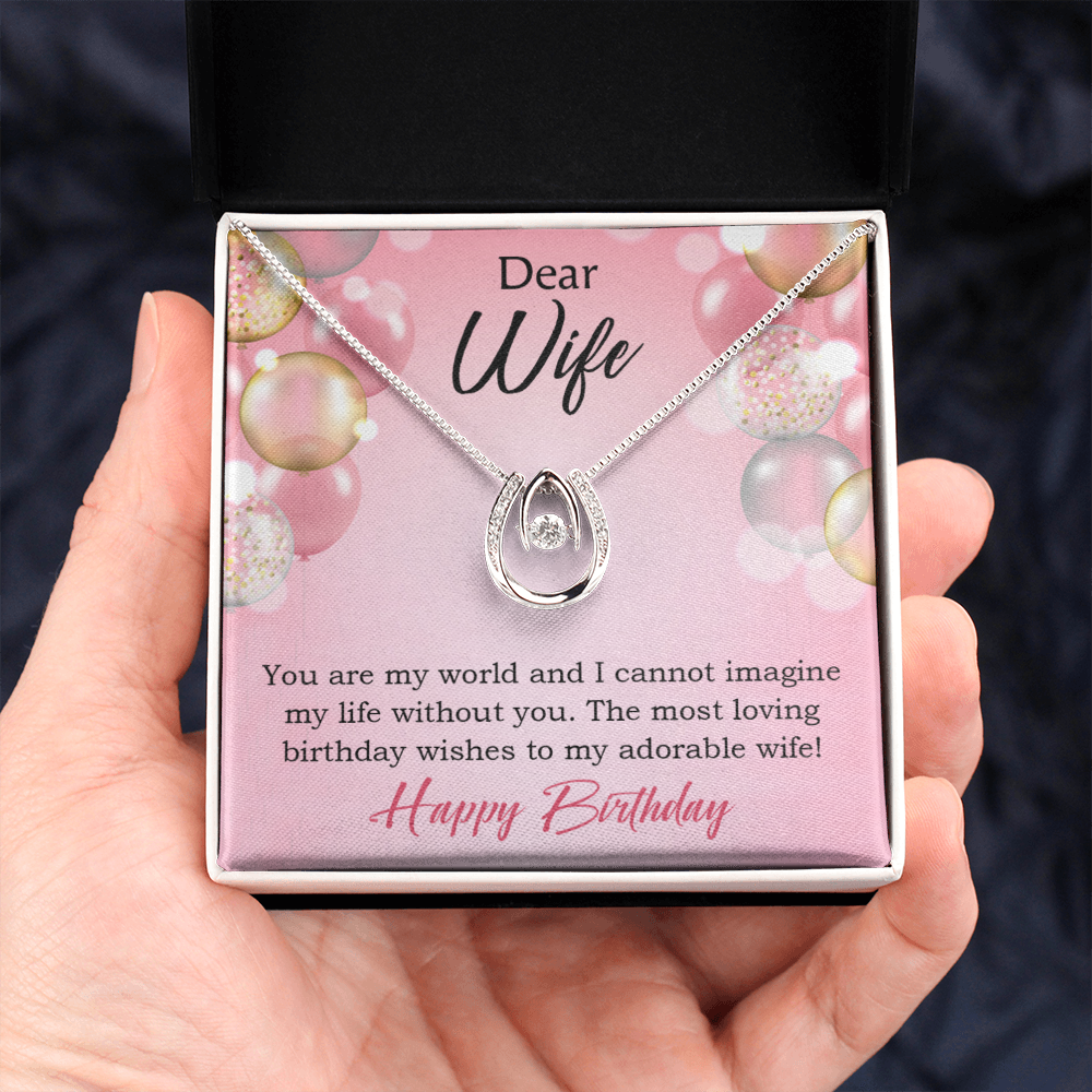 To Wife Birthday You're My World Lucky Horseshoe Necklace Message Card 14k w CZ Crystals-Express Your Love Gifts