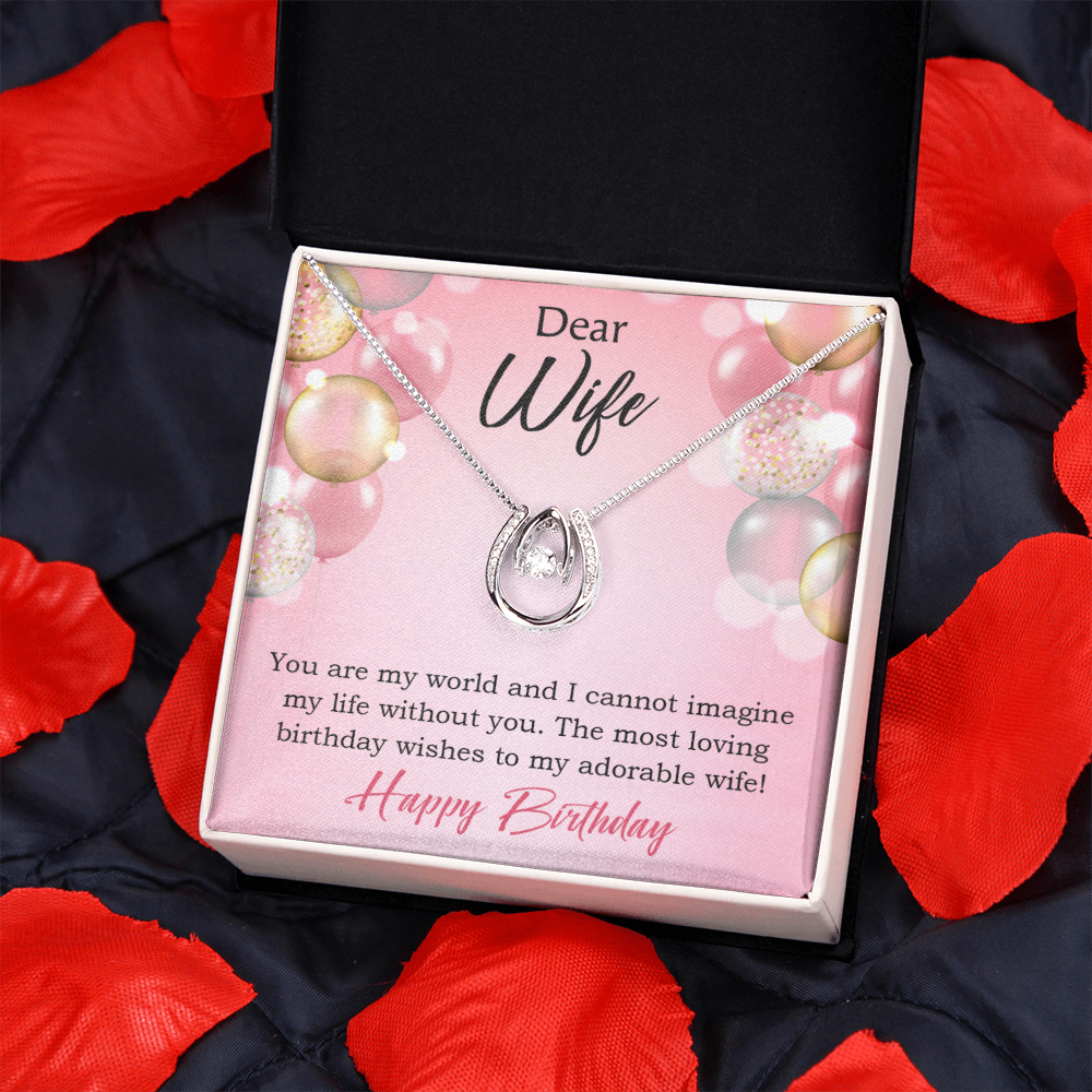 To Wife Birthday You're My World Lucky Horseshoe Necklace Message Card 14k w CZ Crystals-Express Your Love Gifts