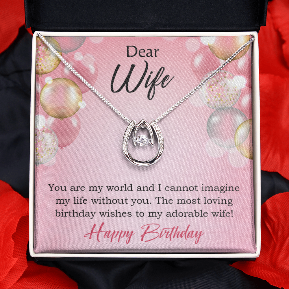 To Wife Birthday You're My World Lucky Horseshoe Necklace Message Card 14k w CZ Crystals-Express Your Love Gifts