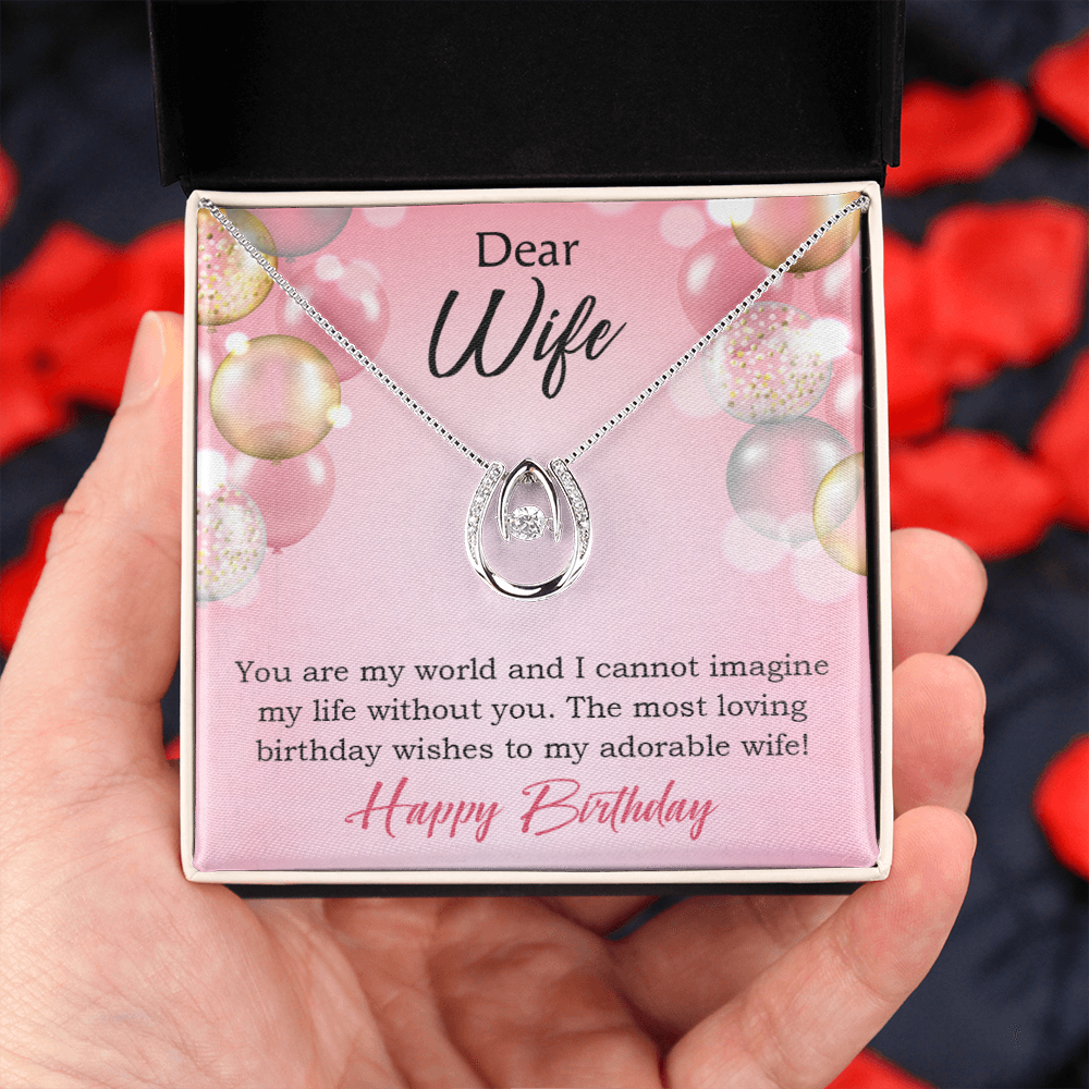 To Wife Birthday You're My World Lucky Horseshoe Necklace Message Card 14k w CZ Crystals-Express Your Love Gifts