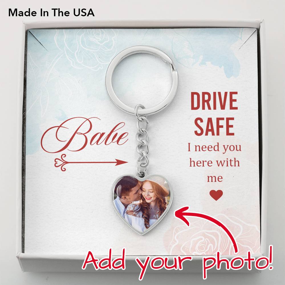 To Wife From Husband Personalized Babe Drive Safe Heart Keychain Stainless Steel or 18k Gold-Express Your Love Gifts