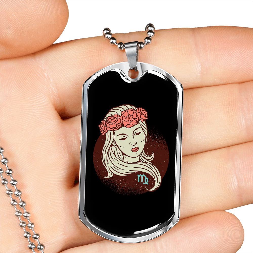 Virgo Lady Zodiac Necklace Stainless Steel or 18k Gold Dog Tag 24" Chain-Express Your Love Gifts