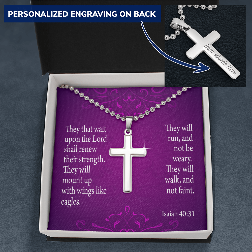 Wait Upon The Lord Isaiah 40:31 Cross Necklace Message Card W Ball Chain Pendant-Express Your Love Gifts