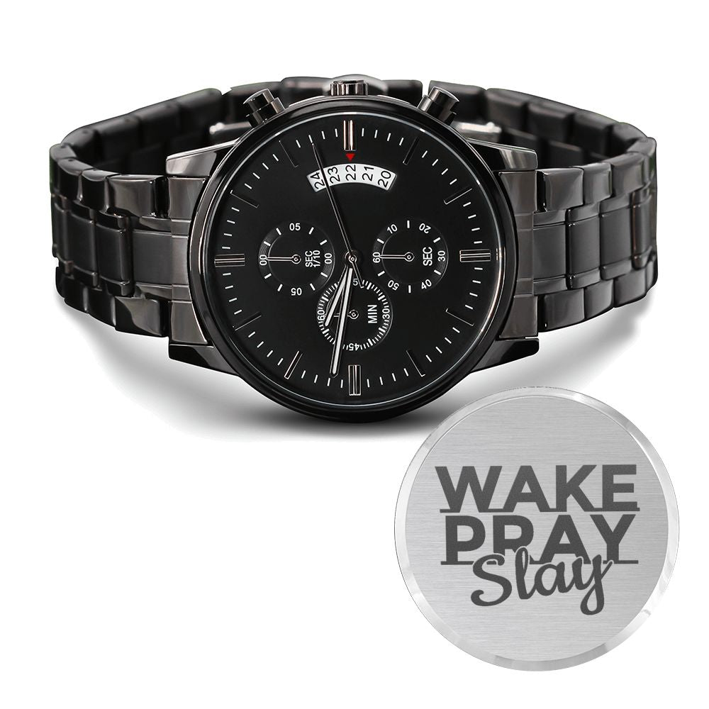 Wake Pray Slay Underlined Engraved Bible Verse Men&#39;s Watch Multifunction Stainless Steel W Copper Dial-Express Your Love Gifts