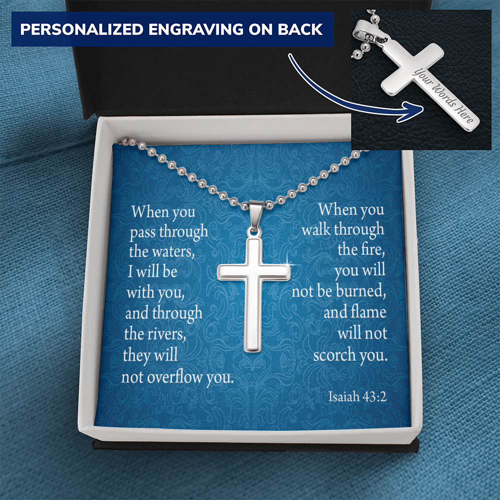 When You Pass Through Isaiah 43:2 Cross Necklace Message Card W Ball Chain Pendant-Express Your Love Gifts