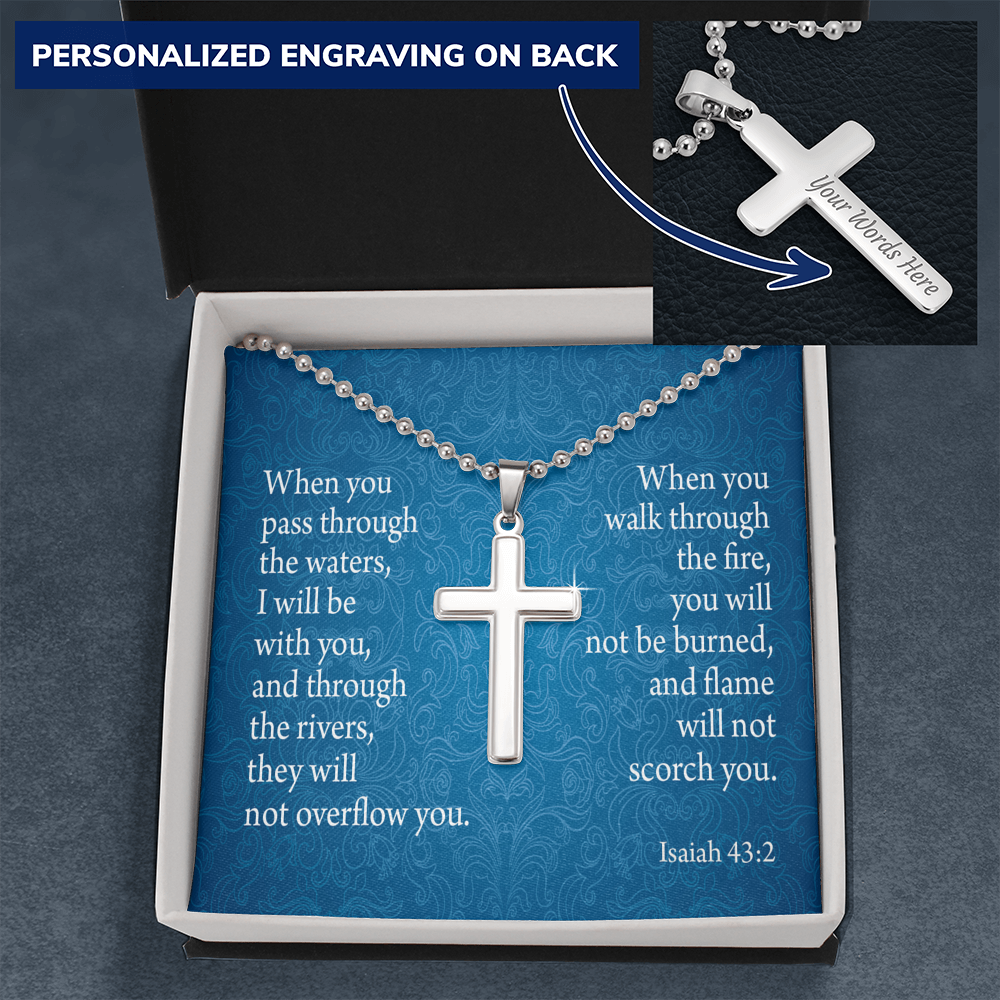 When You Pass Through Isaiah 43:2 Cross Necklace Message Card W Ball Chain Pendant-Express Your Love Gifts