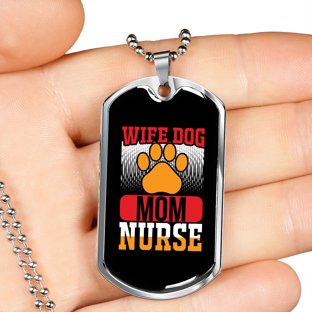Wife Dog Mom Nurse Paw Necklace Stainless Steel or 18k Gold Dog Tag 24" Chain-Express Your Love Gifts