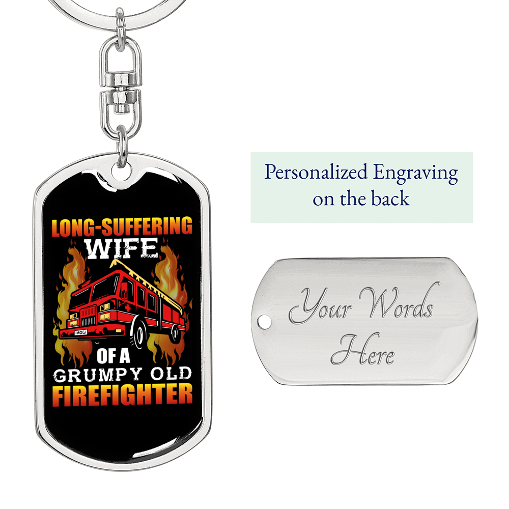 Wife Of Grumpy Firefighter Keychain Stainless Steel or 18k Gold Dog Tag Keyring-Express Your Love Gifts