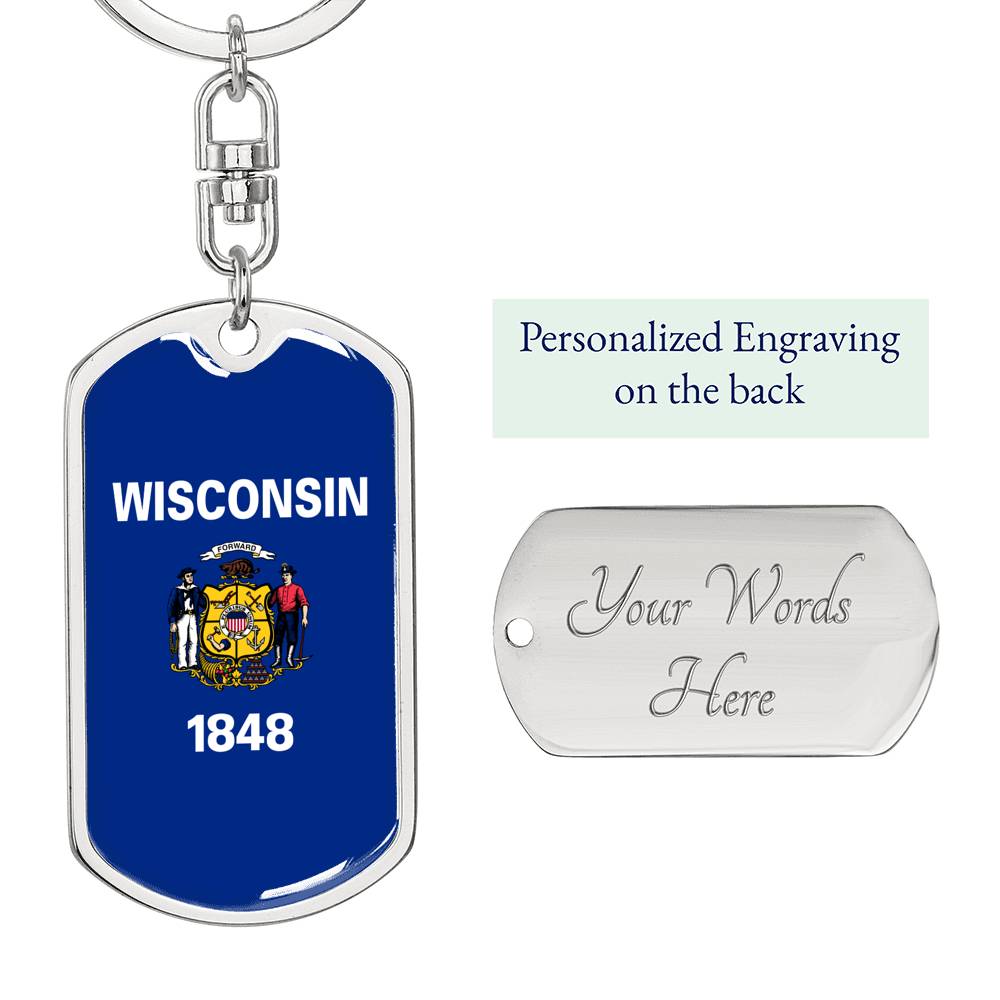 Wisconsin State Flag Keychain Dog Tag Stainless Steel or 18k Gold-Express Your Love Gifts