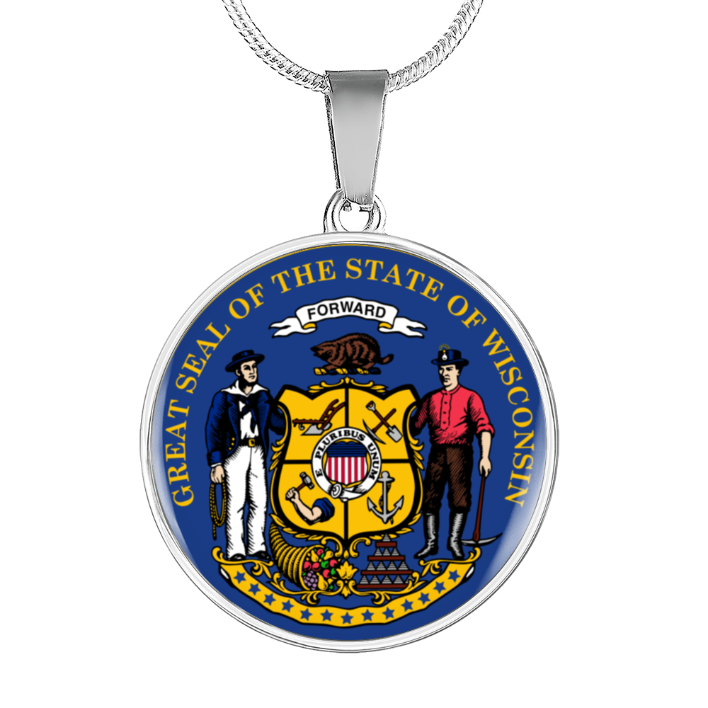 Wisconsin State Seal Necklace Circle Pendant Stainless Steel or 18k Gold 18-22"-Express Your Love Gifts