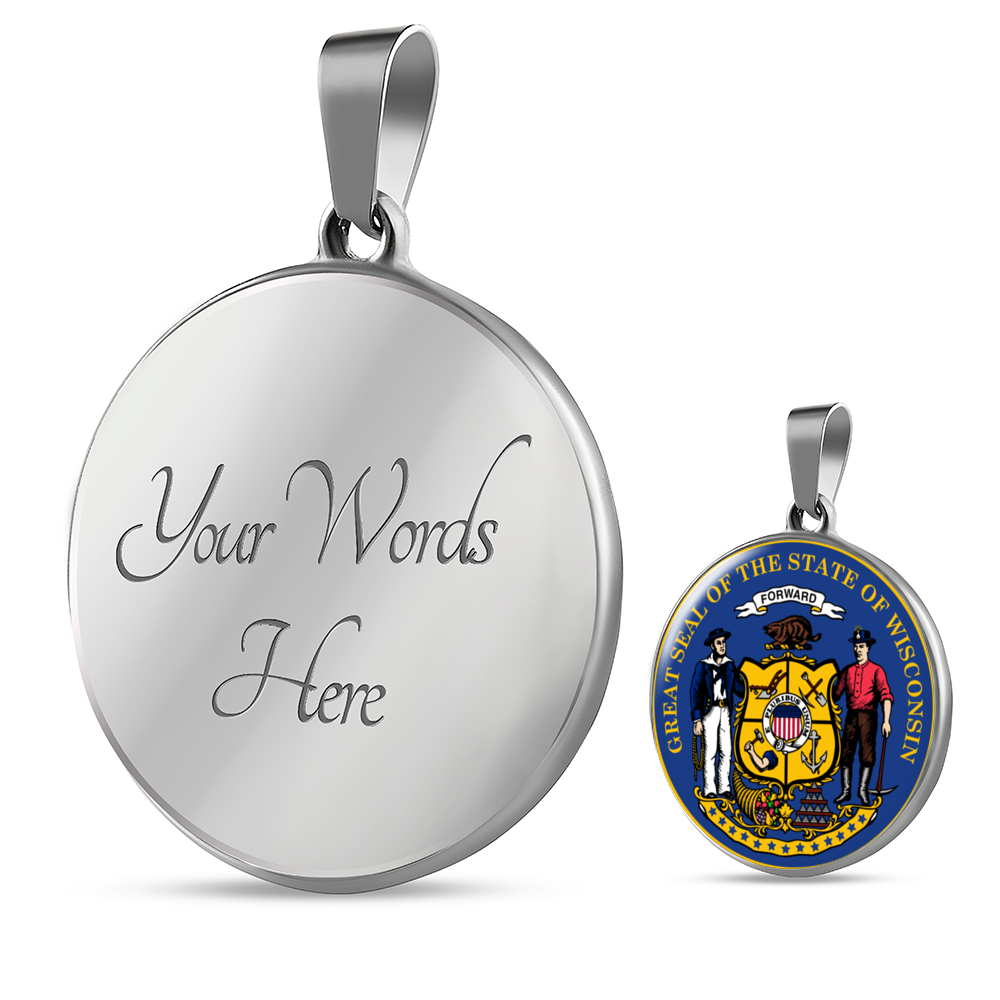 Wisconsin State Seal Necklace Circle Pendant Stainless Steel or 18k Gold 18-22"-Express Your Love Gifts